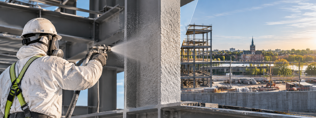 Fireproofing contractor spraying protective coating on a steel column at a commercial construction site in Brantford